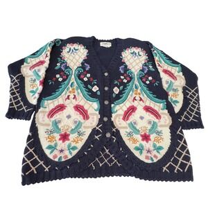 Jennifer Reed Hand Knitted Floral Paisley Cardigan Navy Blue Cotton Ramie Large